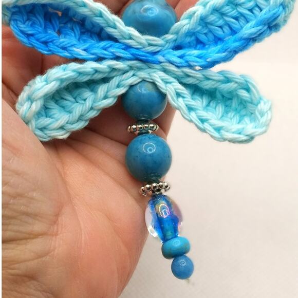 Crochet Dragonfly Vintage Beaded Keychain Handmade Blue Purse Charm Bag Clip NEW - Picture 8 of 10